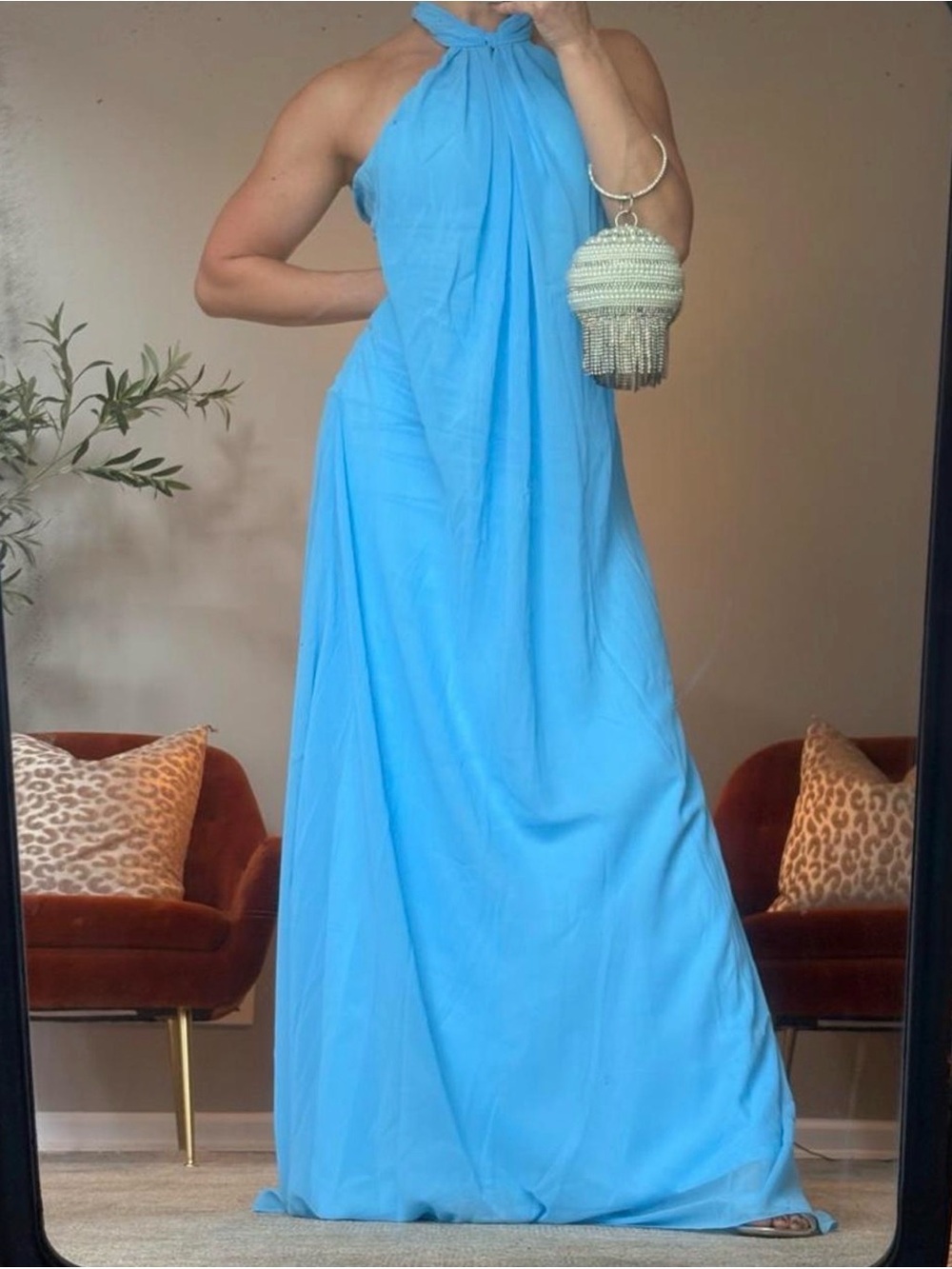 Light Blue Elegant Flowy Halter Maxi Dress